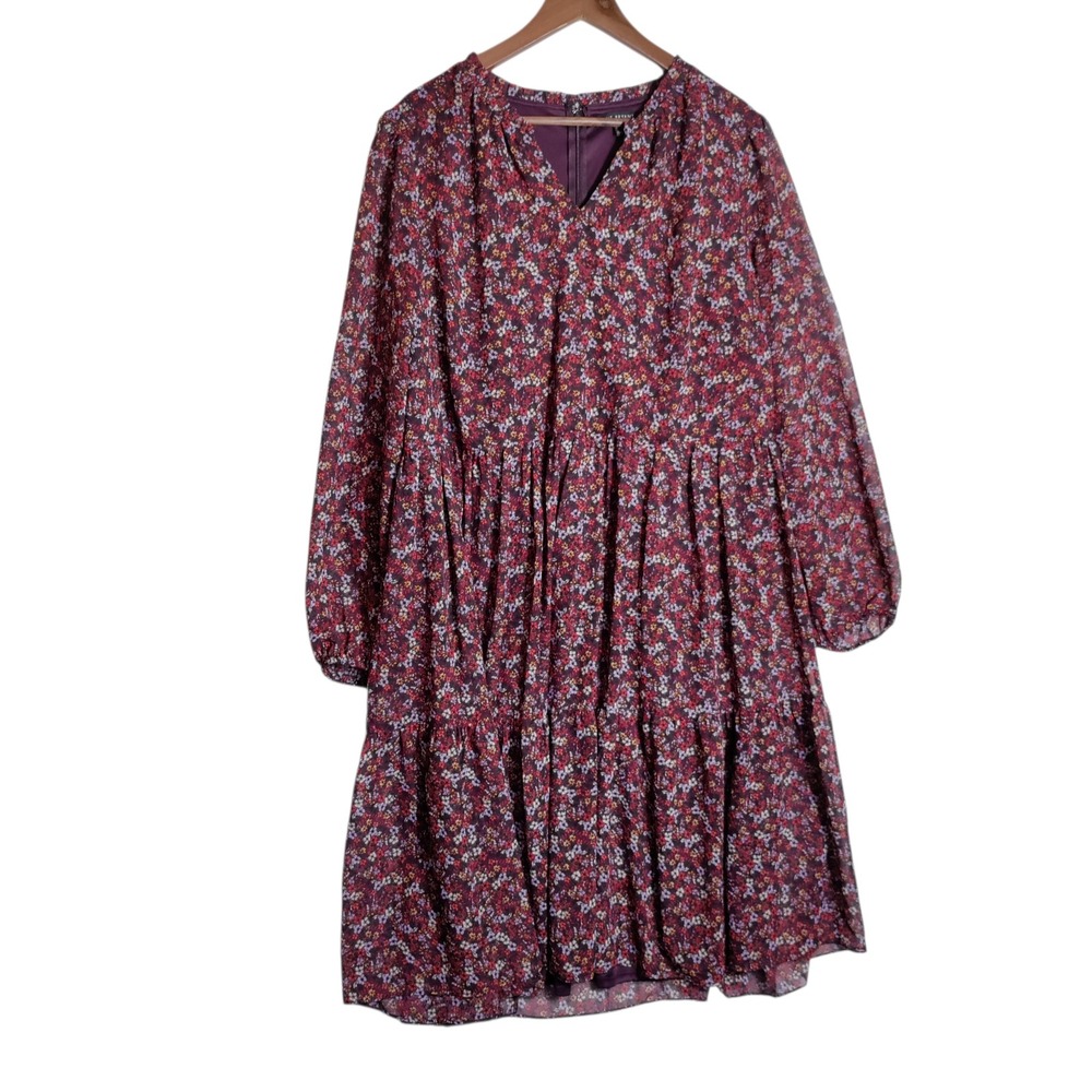 Lane Bryant Burgundy Floral Tiered Babydoll Dress V-Neck Plus Size 18/20 1502